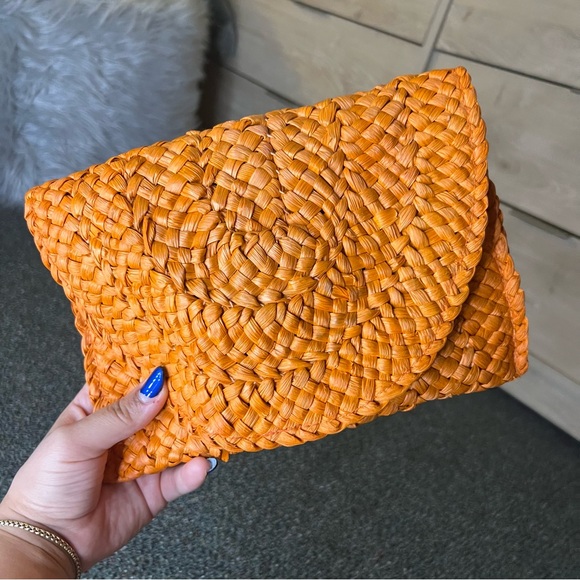 AMAZON Orange Straw Rattan Woven Medium Envelope Clutch Bag Purse Wallet Magnet - Picture 12 of 16